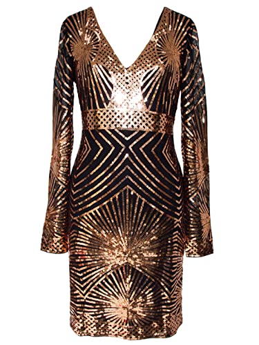 MISSCHEN Women's V Neck Bodycon Midi Sequin Long Sleeve Evening Cocktail Dress