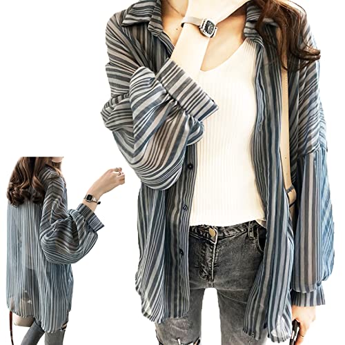 【NEW人気ボーダー】水着 レディース 体型カバー おしゃれ シャツレディース ブラウス シアーシャツ 襟付き 【Mサイズ・薄手快適・絶妙な透け感・長袖】ビーチウェア 夏日差し遮光 紫外線対策 冷房対策 通勤 OL 通学 春夏秋 カジュアル