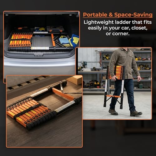 Image of Plantex 4.3m (14.10 ft.) Telescopic Ladder /Carbon Steel 11-Steps Portable & Compact Ladder /Foldable Multipurpose Collapsible Ladder for Home & Outdoor Use - (Orange)