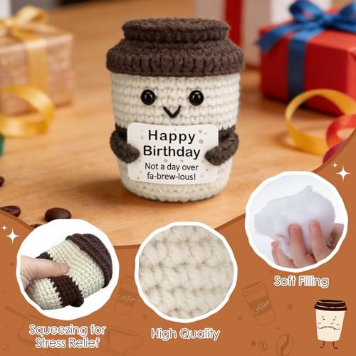 Birthday Gifts for Man Woman Dad Handmade Crochet Coffee with Inspirational Funny Birthday Card for Coffee Lover Coworkers Friend Teacher Nurse Boyfriend Girlfriend Sister Brother Mom Dad BFF — view 4