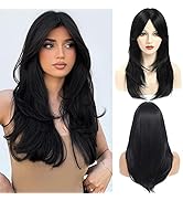 Coolbeeza Black Wig with Bangs for Women Synthetic Long Straight Wigs Layered Fiber Hair Wigs Hea...