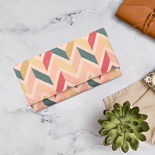 Image of THE CLOWNFISH Charisma Collection Printed Handicraft Fabric & Faux Leather Womens Wallet Clutch Ladies Purse with Multiple Card Slots (Cream-Wave Design)