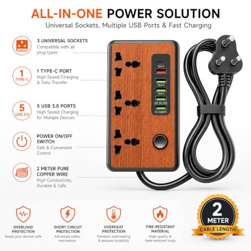 Image of MD Proelectra Premium Wooden Finish Extension Board with 3 Universal Sockets, 5 USB Ports, 1 Type-C, 2500W Power Strip with LED Display and Master Switch, Multi Plug Board for Home & Office