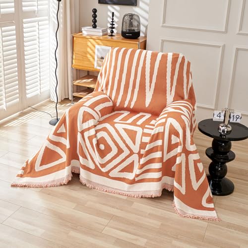VClife Armchair Couch Cover, 1 Piece Boho Tribal Caramel and White Geometric Jacquard Pattern Sofa Cover for 1 Cushion Couch Sofa, Soft Washable Chenille Chair Cover Slipcover for Living Room 71"X71"