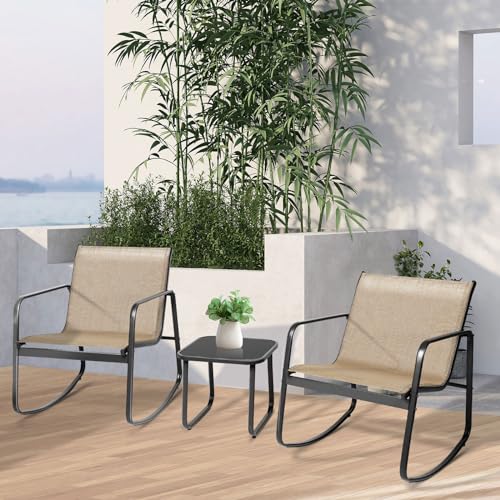 Oakmont 3 Piece Patio Rocking Chairs Set, Outdoor Conversation Set Modern Bistro Set Textilene Balcony Chair Sets with Coffee Table for Yard and Bistro (Brown)
