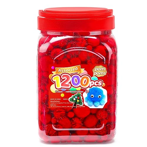 Iooleem Red Pom Poms 1200pcs Assorted Size Pompoms Pom Poms for Arts and Crafts Pom Pom Balls with Wiggle Eyes in jar Glitter Pom Poms Craft Supplies.