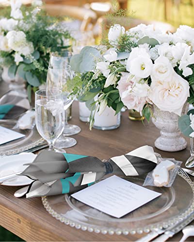 Teal Geometric Cloth Napkins Set Of 4, Grey White Round Abstract Art Modern Dinner Napkins Cloth Washable, Cocktail Napkins Reusable For Wedding, Party, Birthday (20"X20") #TOP1