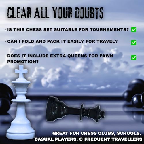 Image of Vinson Tournament Chess Set for Adults & Kids | 18.25 x 18.25 Inch Foldable Vinyl Board with Solid Plastic Chess Pieces, 2 Extra Queens & Zipper Storage Bag | Professional Portable Game Set (Black)