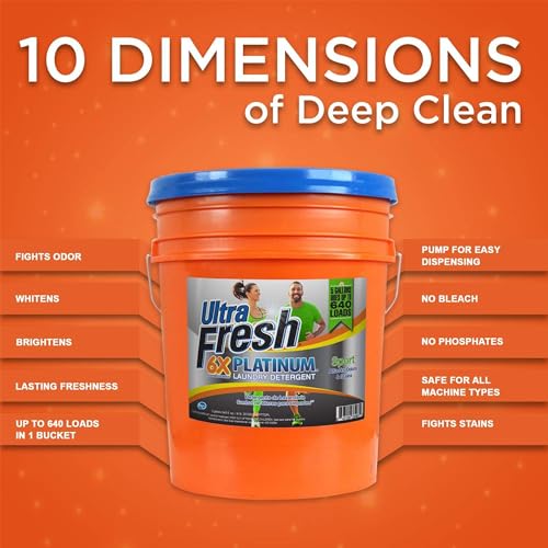 Image of Ultra Fresh 5 Gallon Liquid Laundry Detergent Washing Soap for All Machine Types, 6X Platinum, Up to 640 Loads, Sport Odor & Stain Remover