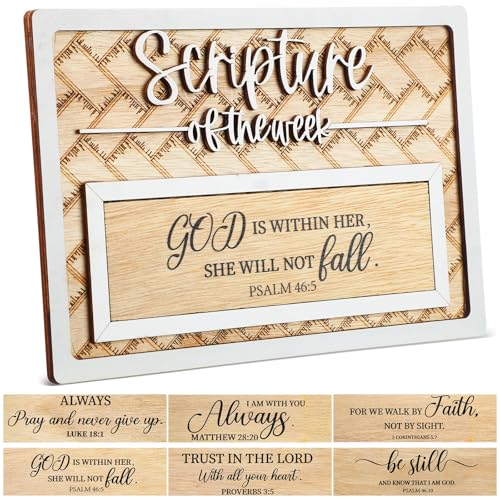 Quzzil Christian Decor Wooden Scripture of The Week with 7 Interchangeable Bible Verse Plates Inspirational Gift for Men Women Father Day Gifts Blessings of Jesus for Desk Dining Table Centerpiece