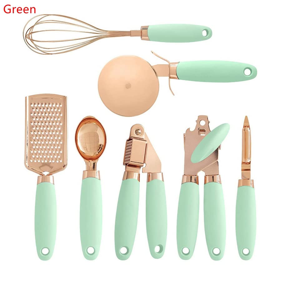 7PCS/Set Kitchen Gadget Set Stainless Steel Utensils Ice Cream Scoop Peeler Garlic Press Cheese Grater Whisk (Green)
