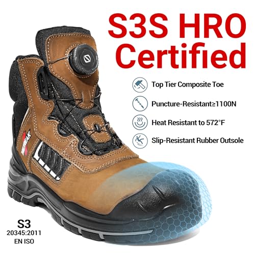 Image of Composite Toe Work Boots for Men and Women - Exceeds Steel Toe Protection, Quick Fit System, Kevlar Puncture-Resistant Midsole, S3 HRO Certified, Heat-Resistant, Waterproof, Rubber Slip-Resistant Outsole, Safety Shoes for Industrial & Welding Use