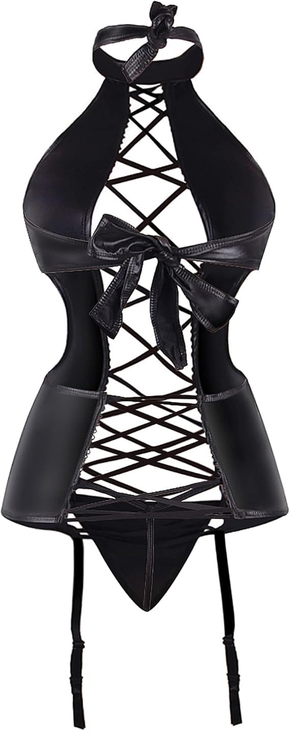 KASTWAVEPVC Lingerie Outfits for Women Bandage Wet Look Babydoll Lingerie Set Plus Size Basque with Suspender Garter Belt