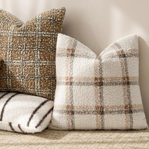 Image of Foindtower Pack of 2 Soft Faux Fur Boucle Throw Decorative Pillow Covers Fuzzy Accent Check Cushion Sherpa Boho Farmhouse Pillowcase for Couch Sofa Bed Living Room Home Decor 18x18 Inch,Natural Beige