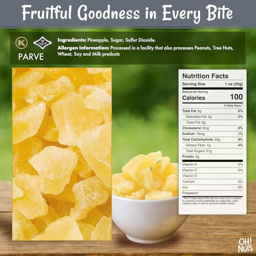 Oh! Nuts Dried Pineapple - 1.5 LB - Dried Fruit Chunks - Less Sugar Added - Dehydrated Fruit Bites - Packed in New York Zip-Seal Bag for Exceptional Freshness
