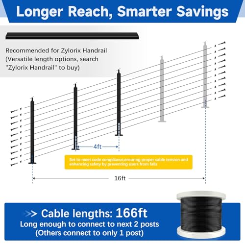 Image of 36 inch 8-16FT Swageless Modular Black Cable Railing System Post Kit with 2 Stair Posts Fit 28-38 Degree Stairway, T304 Stainless Steel, Patent Reusable Cable Railing Kit, Upgraded Powder Coated