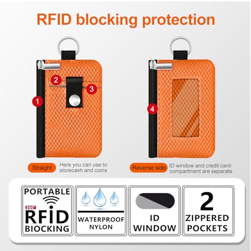 Image of Minimalist RFID Blocking Small Wallet with ID Window,WaterResistant Zip Id Case Wallet with Lanyard Keychain for Cards,Cash,Travel,Women,Men (Orange)