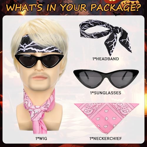 Lanshash Short Blonde Cosplay Wig For Halloween Party With Sunglasses, Headband And Neckerchief, Halloween Costume Synthetic Mens Cosplay Hair Wigs For Halloween Party And Daily Wear thumb #4