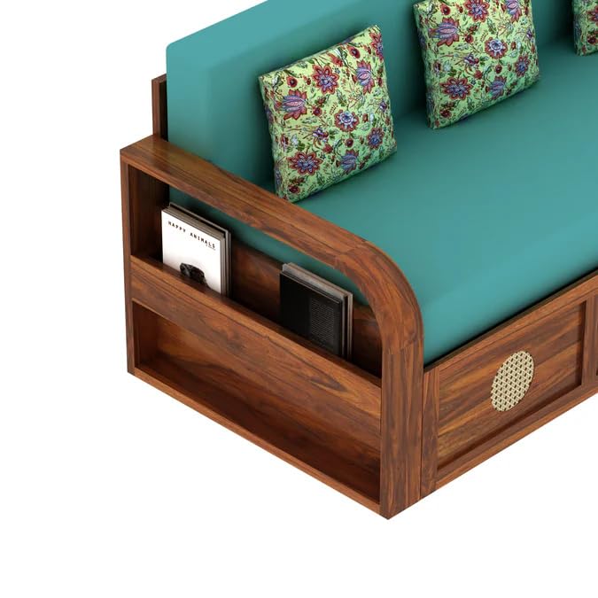 Image of Ganpati Arts Solid Sheesham Wood Cosmos 3 Seater Sofa Cum Bed with Headboard Design for Living Room Wooden Furniture Sofa Bed for Home - Natural Finish 3 Year Warranty