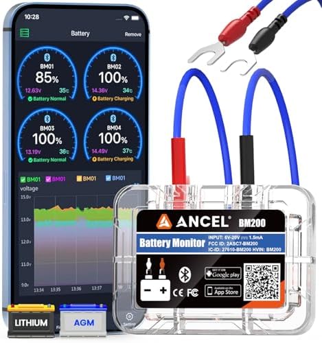 ANCEL BM200 Batterie Überwachung, Bluetooth Batteriewächter Battery Monitor | Auto Batterieüberwachung mit Start-&Lade Test, Alarm, Record Voltage History für 12V LiFePO4 Nass EFB