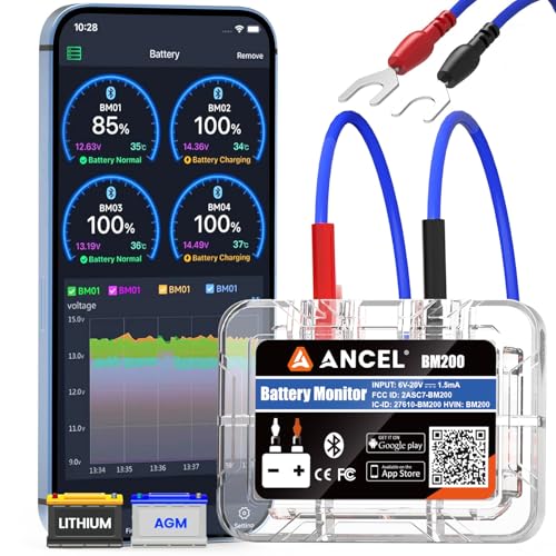 ANCEL BM200Blue Auto Battery Monitor Bluetooth Batteriewächter Diagnose Analyzer, 12V KFZ Batteriemonitore für Lithium & Blei Säur Batterien mit Cranking & Charging Test, Alarm, Record Voltage History
