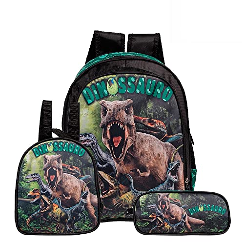 Kit Mochila de Costas Infantil Dinossauro + Lancheira Térmica + Estojo