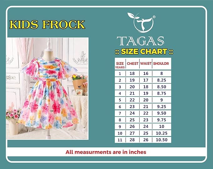 Image of TAGAS Floral Print Mesh Insert Ruffle Trim Belted Dress||Frock for Girls||Sleeve Less Dress for ||Fency Dress||(KD-144)