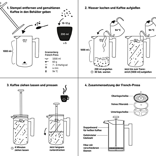 Groenenberg French Press aus Edelstahl 1 Liter (5 Tassen