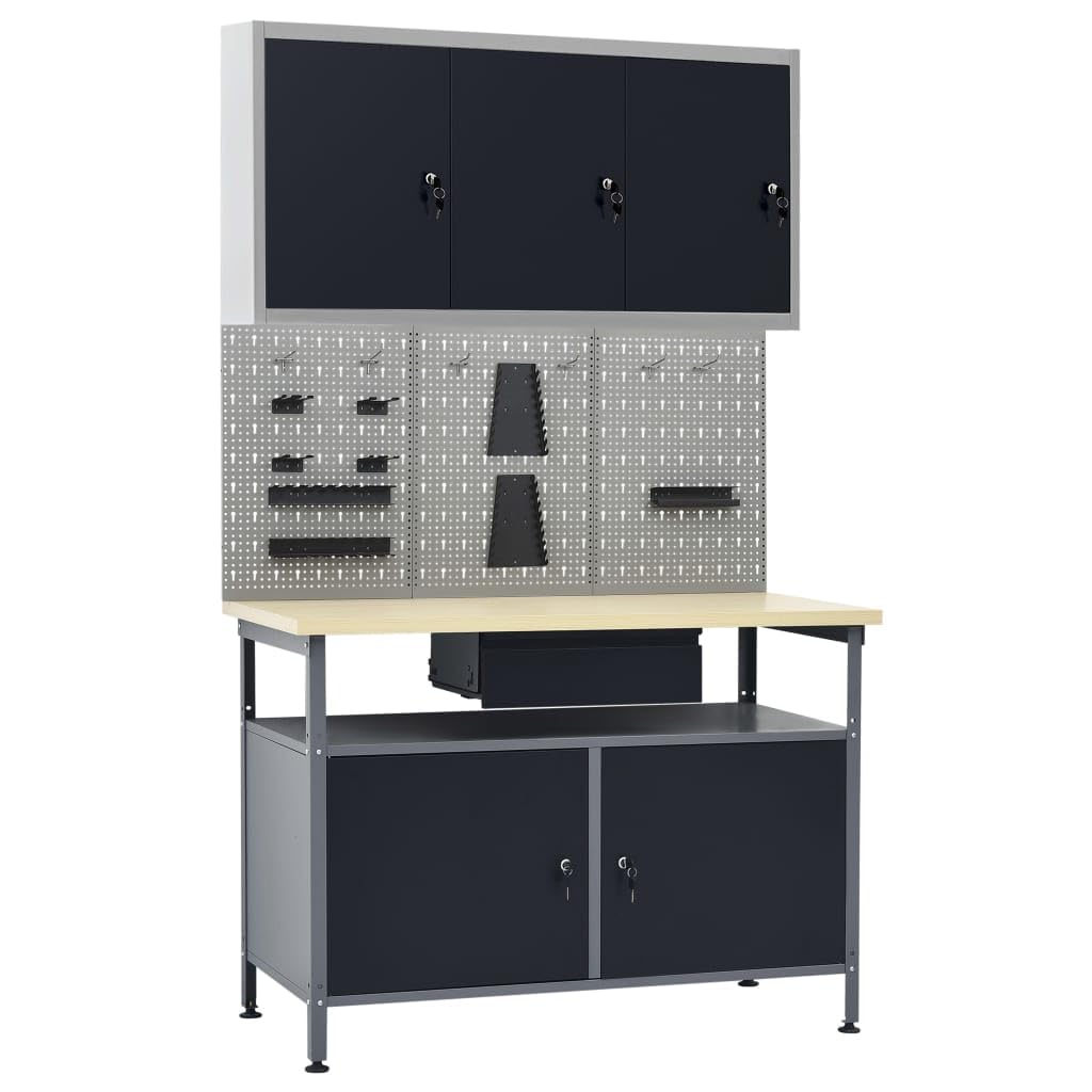 Banco da lavoro con 3 pareti per attrezzi e 1 armadio da parete, in acciaio e piano in legno, 120 x 60 x 85 cm, regolabile in altezza, con cassetto e molto spazio, ideale per officina, garage