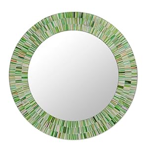 NOVICA Green and Blue Glass Mosaic Wood Framed Round Decorative Wall Mounted Mirror, 20″ Diameter, ‘Aqua Fantasy’