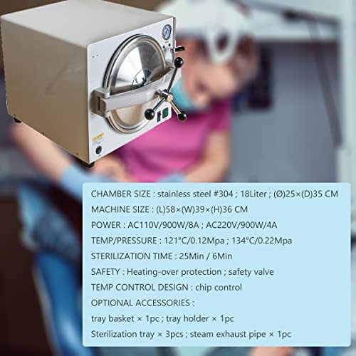 Genmine 18L/19Qt 900W Stainless Steel Automatic Steam Sterilizer Autoclave High Temperature De/ntal Lab Sterilizer Equipment 110V/220V