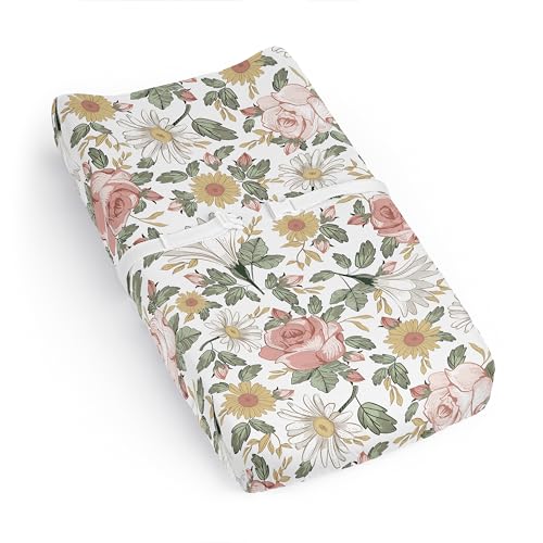 Image of Sweet Jojo Designs Blush Pink Yellow Vintage Floral Boho Girl Baby Changing Pad Cover Sheet Infant Newborn Diaper Change Mat Cover Green White Bohemian Shabby Chic Farmhouse Leaf Rose Leaves Flower