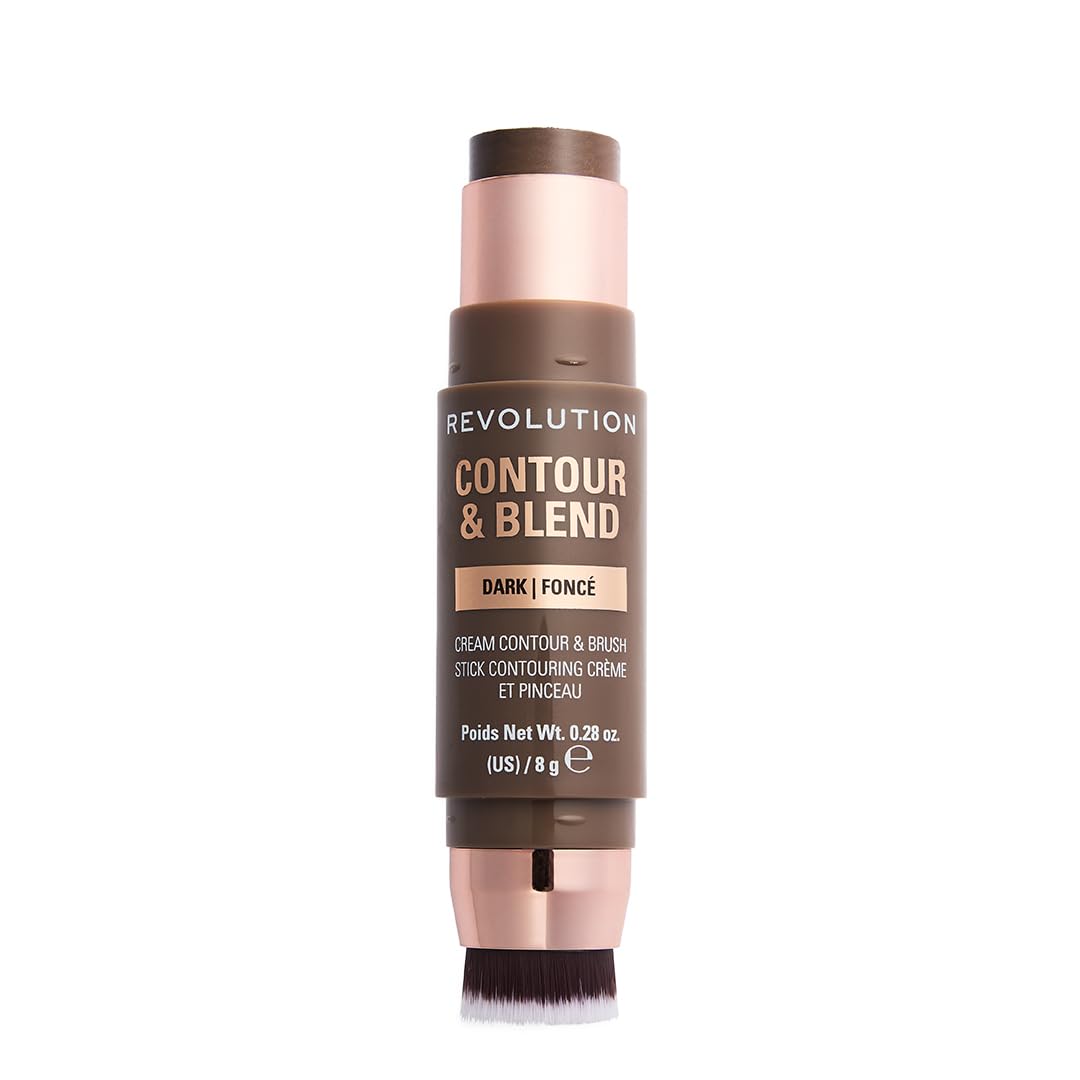 revolution reloaded cream contour & blend stick dark 8g | face sculpting contour stick with built-in blending brush | blendable cream-to-powder contour makeup | natural matte finish | vegan & cruelty-free