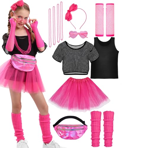 ComfyKit 14PCS Girls 80s Costume Accessories Set Kids 80s Outfits for Halloween Cosplay 1980s Retro Fancy Party