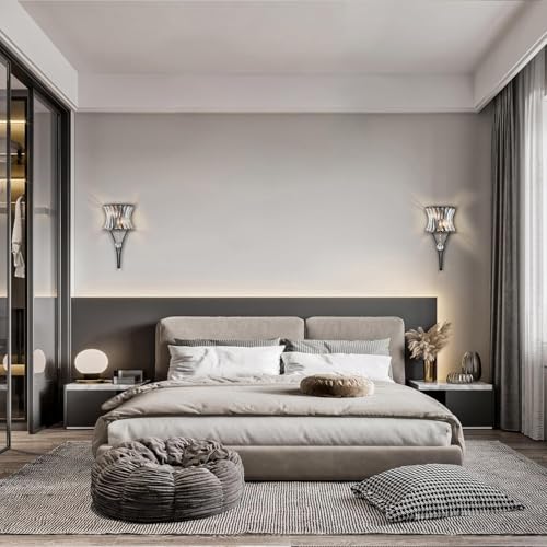 Image of Crystal Wall Sconces Set of Two, 2-Light Black Sconces Wall Decor Set of 2, Modern Bathroom Wall Light Bedside Wall Lamps Luxury Glass Sconces Wall Lighting for Living Room Bedroom Hallway