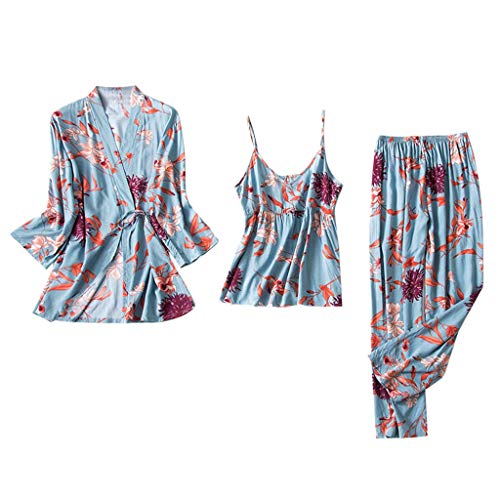 DEELIN Sillor 3 Pezzi Set Camicie da Notte Donna Pigiama Raso Seta Indumenti da Notte con Pizzo Canotta + Pantaloni Lunghi + Kimono Set