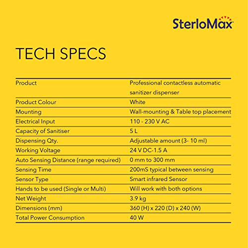 Image of SterloMax 5 Litre Automatic, Touchless Sanitizer Dispenser. Compact Size for Wall-Mount or Table Top, White Metal for All-Round Hygiene in High Traffic, High Use Areas