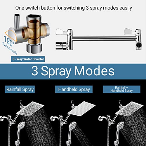 Rainfall Shower Heads With Handheld Cosyland, 10'' High Pressure Shower Head Combo With 11'' Adjustable Extension Arm 9 Settings Handheld Stainless Steel Dual Shower Heads With 79" Long Hose, Chrome #TOP1