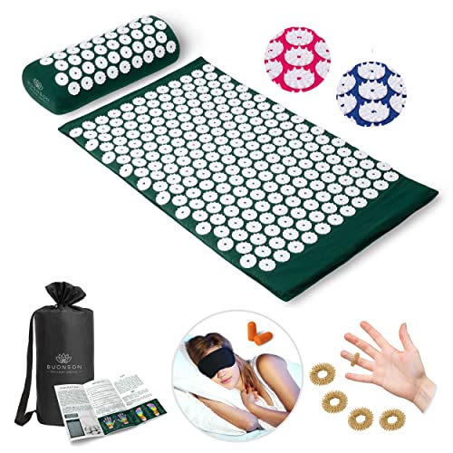 BUONSON Set de acupresión con 5 anillos de acupresión gratuitos + bolsa + póster, esterilla de acupresión para relajar la espalda, la cabeza, el cuello y la estera de acupuntura (Verde) Cover