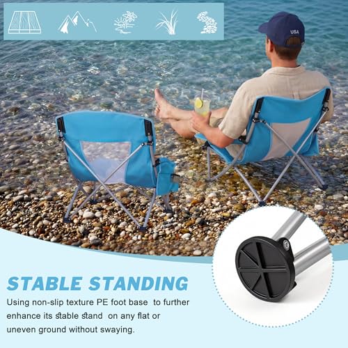 Image of HaSteeL Low Beach Chairs for Adults, Lightweight Camping Folding Chair with Carrying Bag, Portable for Outdoors Lawn Backyard Patio RV Trip Fishing Sport Tailgating, Support 300LBS, Blue, 2 Pack