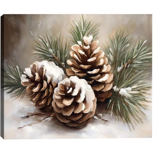 Framed Christmas Wall Decor for Living Room 12x18inch, Vintage Pinecone Still Life Canvas Print, Rustic Winter Snow Scene Pictures Artwork, Farmhouse Season Wall Art for Home Decor