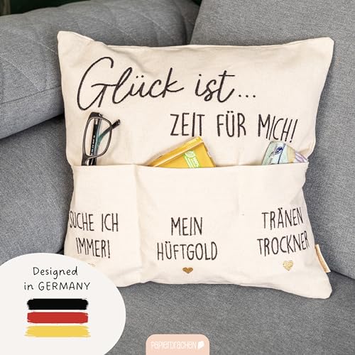 Papierdrachen Taschenkissenbezug | praktischer Kissenbezug mit Taschen | hochwertige Bestickung | Muttertag Geschenkidee | in Größe 40x40cm