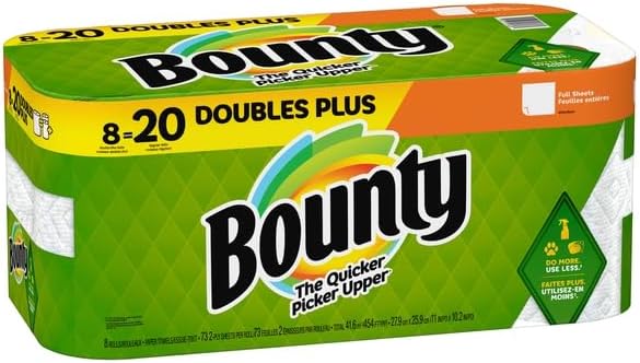 Bounty Paper Towels Double Plus Rolls Full Sheets White 2 Ply 8 Count