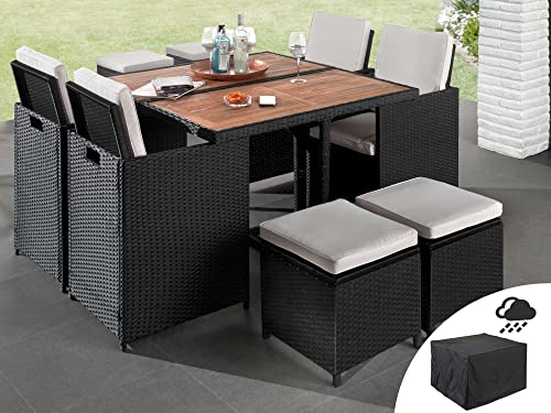 Best Mobilier - Salon de Jardin Encastrable Noir Cuba - en Résine Tressée à la Main - Plateau en Bois - avec Housse de Protection - Coussins Déhoussables Beiges - 8 Places