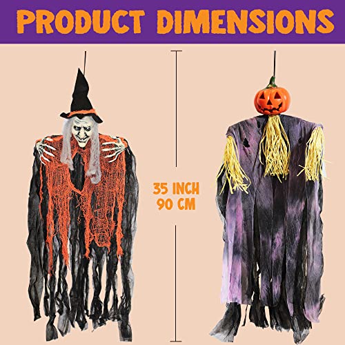 Image of JOYIN 3 Pack 35 inch Hanging Ghosts Witch Pumpkin Decor Hanging Halloween Decorations Outdoor Halloween Decor, Scary Flying Witch Grim Reapers Haunted House Front Porch Decor Yard Garden Lawn Party
