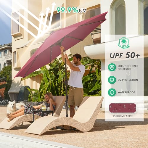 Image of JEAREY 9FT Outdoor Patio Umbrella with Solar Lights, LED Lighted Pool Umbrella with Tilt and Crank, Outdoor Table Umbrellas for Deck, Yard & Market (Burgandy)