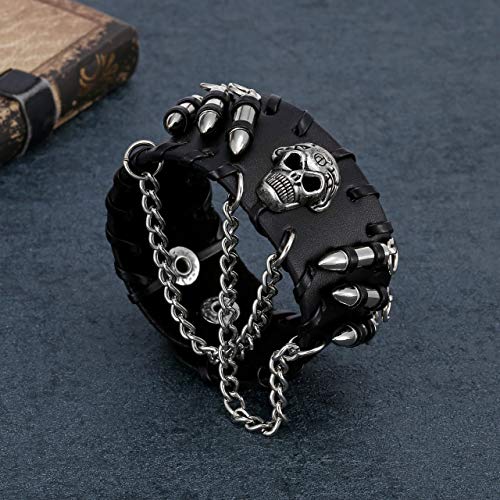 JOVIVI 3pcs Spike Studded Rivets Punk Rock Biker Wide Strap Genuine Leather Bracelets Necklace Chain Wristband Adjustable4