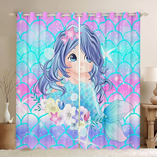 Cortina de sirena dulce de 137 x 117 para niñas, con dibujos animados, sirena, opaco,...