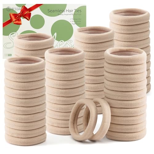 Image of Bessrung 100PCS Beige Seamless Elastic Hair Ties No Damage for Women Girls | Nylon Hair Elastics, Snag-Free Hair Bands for Thick Thin Hair, Strong All-Day Hold, Hair Accessories for Everyday Use