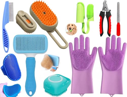 Image of 9 in 1 Grooming, Bathing & Nail Cutting Kit For Dogs & Cats - Includes Pet Comb Brush, 3 in 1 Pet Steam Brush, Cat Comb, Silicone Bath Scrubber, Flea Comb, Bath Gloves, Pet Toothbrush & Nail Clipper